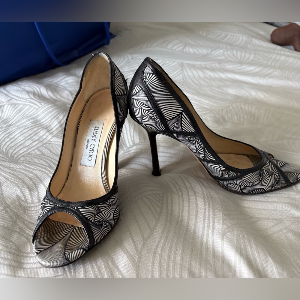 Jimmy Choo Black and White Geometric Peep-Toe Heels